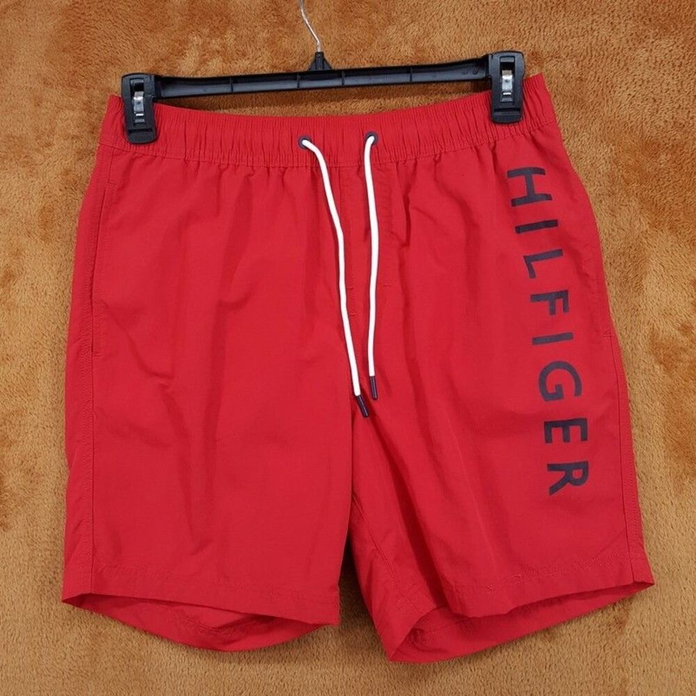 TOMMY HILFIGER Swim Shorts Mens Small Red Drawstring Trunks Logo 7"